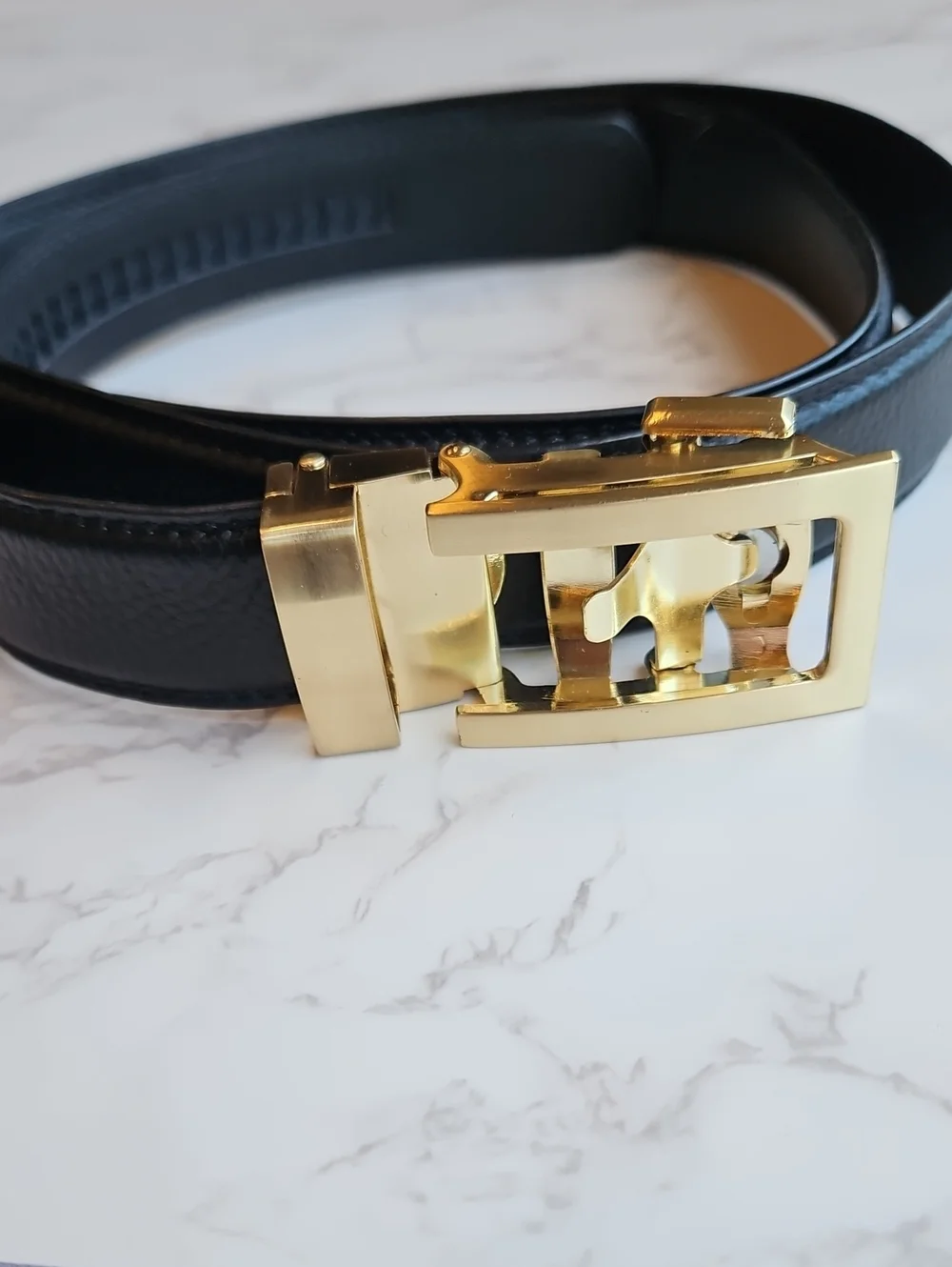 Anson Black Leather Men's Automatic Belt with Gold Buckle